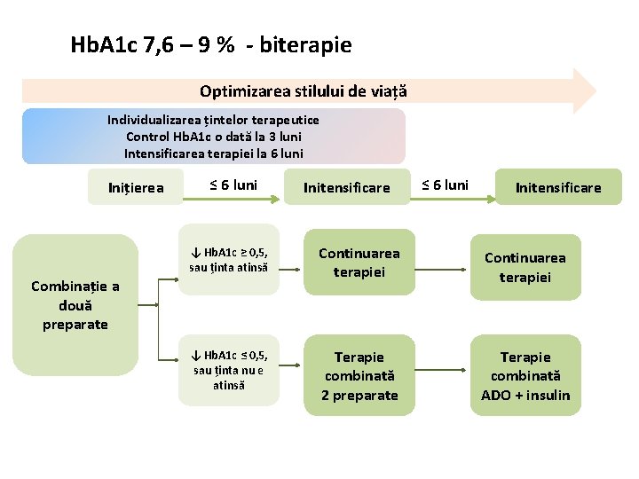 Hb. A 1 c 7, 6 – 9 % - biterapie Optimizarea stilului de
