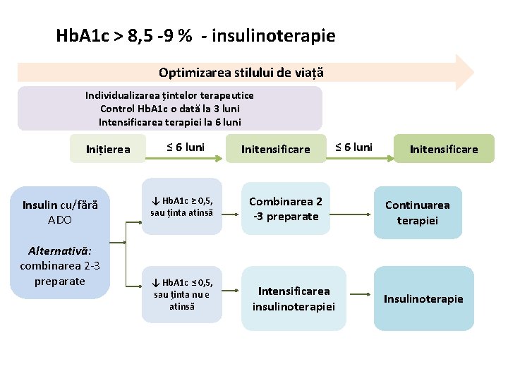 Hb. A 1 c > 8, 5 -9 % - insulinoterapie Optimizarea stilului de