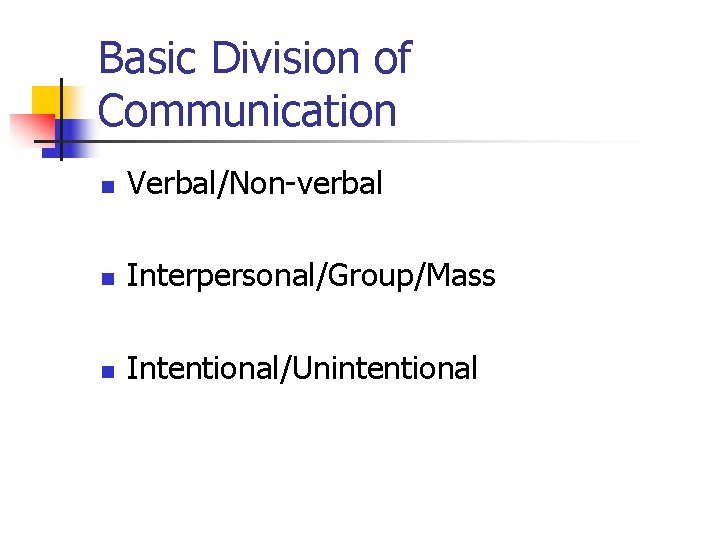 Basic Division of Communication n Verbal/Non-verbal n Interpersonal/Group/Mass n Intentional/Unintentional 