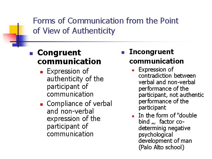 Forms of Communication from the Point of View of Authenticity n Congruent communication n