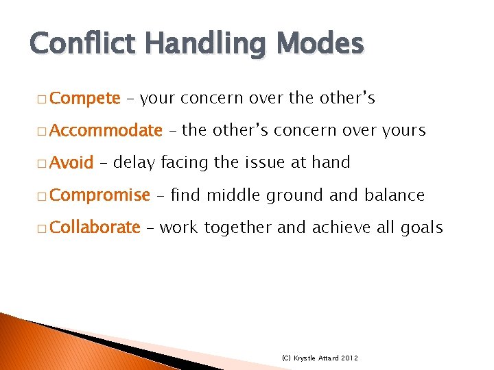 Conflict Handling Modes � Compete – your concern over the other’s � Accommodate �