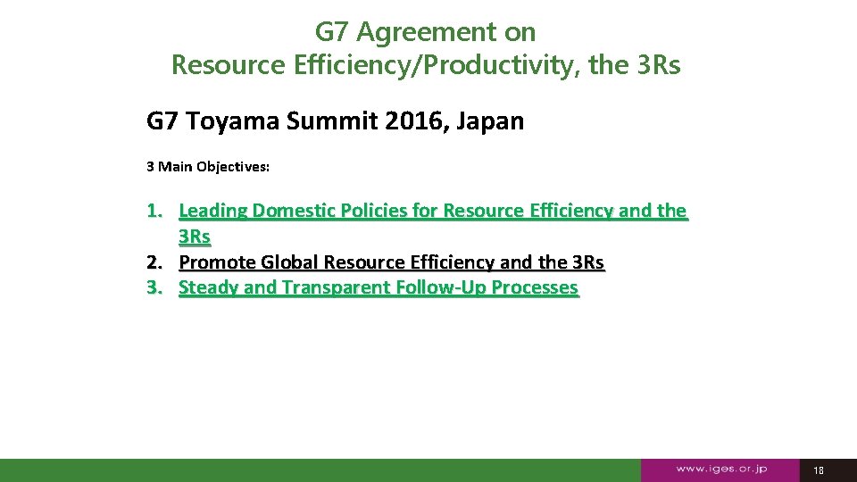 G 7 Agreement on Resource Efficiency/Productivity, the 3 Rs G 7 Toyama Summit 2016,