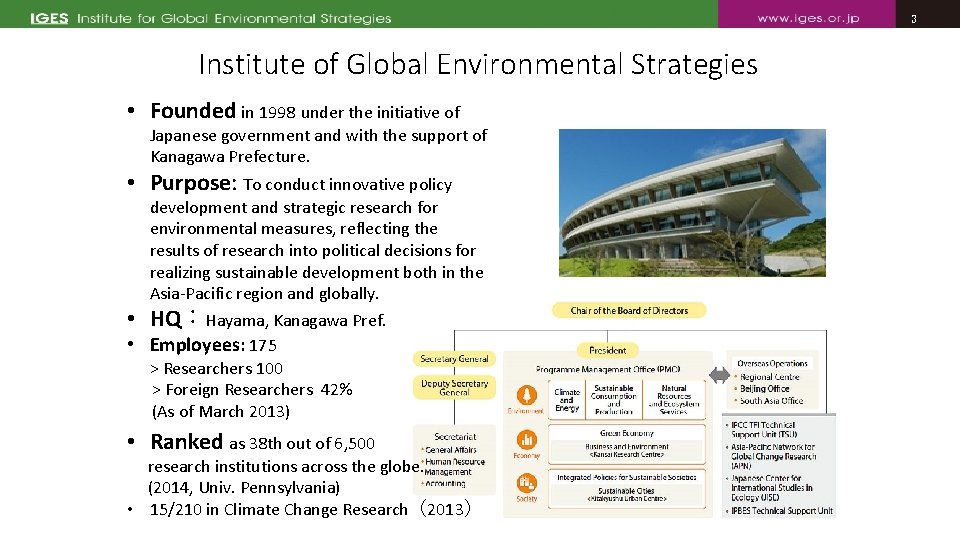 3 3 Institute of Global Environmental Strategies • Founded in 1998 under the initiative