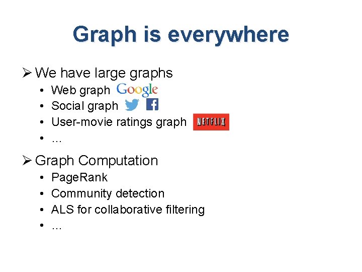 Graph is everywhere Ø We have large graphs • • Web graph Social graph Graph is everywhere Ø We have large graphs • • Web graph Social graph