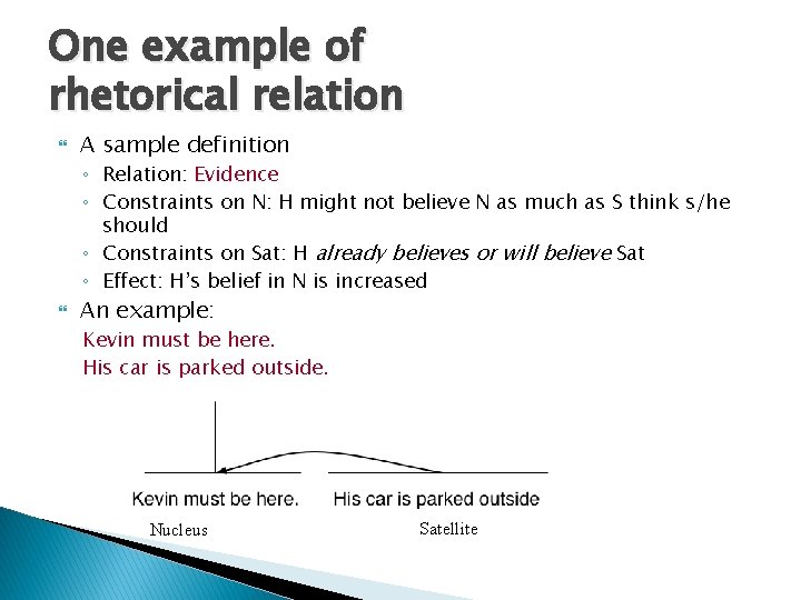 One example of rhetorical relation A sample definition ◦ Relation: Evidence ◦ Constraints on