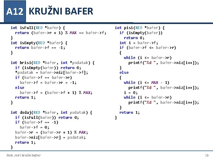 A 12 KRUŽNI BAFER int is. Full(RED *bafer) { return (bafer->r + 1) %