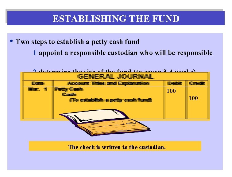 ESTABLISHING THE FUND • Two steps to establish a petty cash fund 1 appoint ESTABLISHING THE FUND • Two steps to establish a petty cash fund 1 appoint