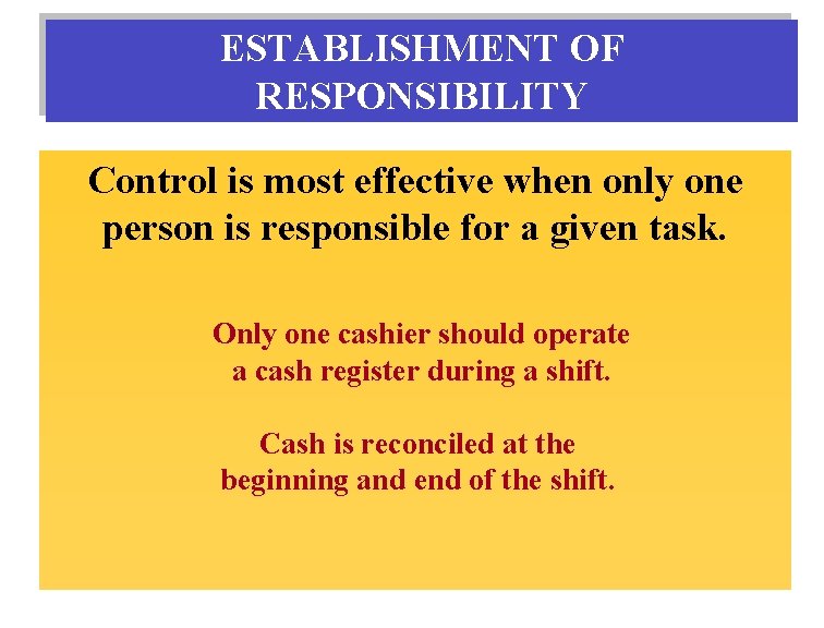 ESTABLISHMENT OF RESPONSIBILITY Control is most effective when only one person is responsible for ESTABLISHMENT OF RESPONSIBILITY Control is most effective when only one person is responsible for