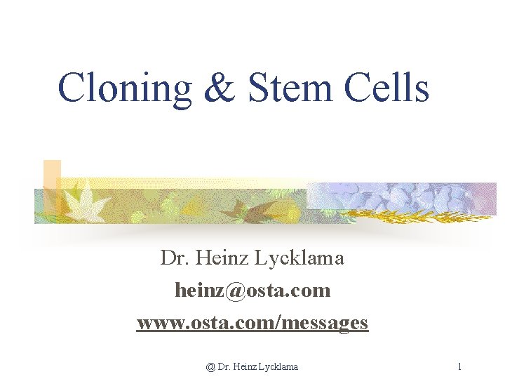 Cloning & Stem Cells Dr. Heinz Lycklama heinz@osta. com www. osta. com/messages @ Dr.