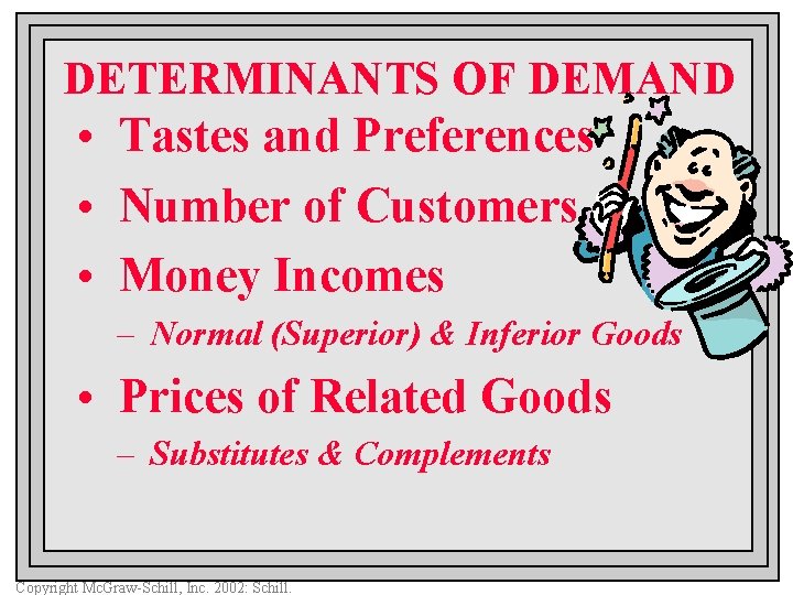 DETERMINANTS OF DEMAND • Tastes and Preferences • Number of Customers • Money Incomes