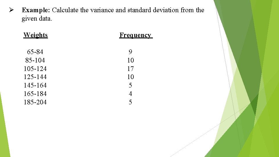 Ø Example: Calculate the variance and standard deviation from the given data. Weights 65