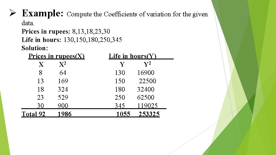 Ø Example: Compute the Coefficients of variation for the given data. Prices in rupees: