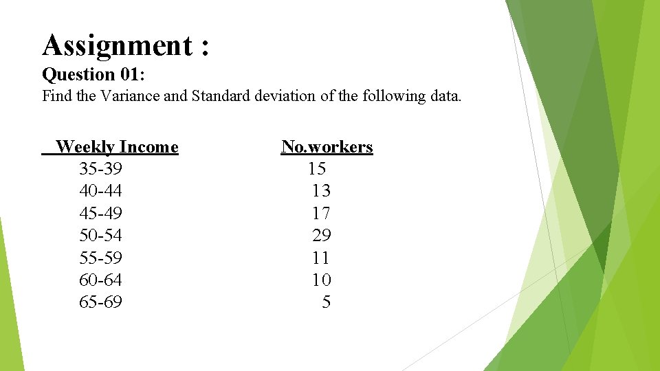 Assignment : Question 01: Find the Variance and Standard deviation of the following data.