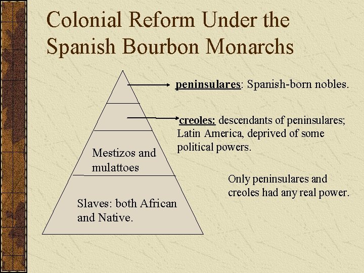Colonial Reform Under the Spanish Bourbon Monarchs peninsulares: Spanish-born nobles. Mestizos and mulattoes Slaves:
