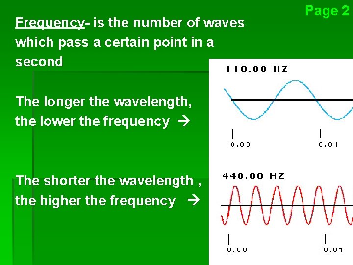 Frequency- is the number of waves which pass a certain point in a second