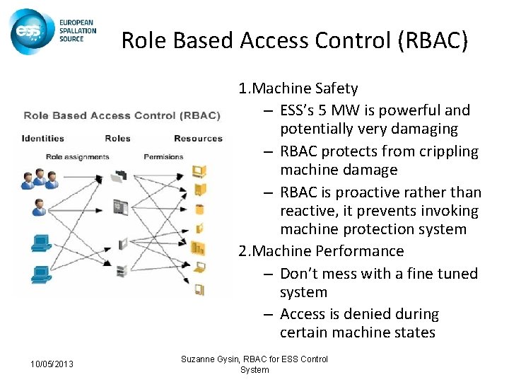 Role Based Access Control (RBAC) 1. Machine Safety – ESS’s 5 MW is powerful
