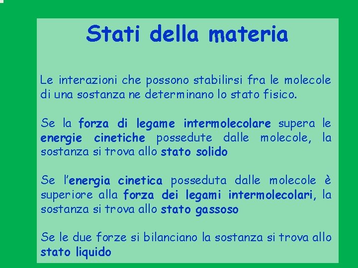 Stati della materia Le interazioni che possono stabilirsi fra le molecole di una sostanza