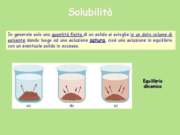 Solubilità In generale solo una quantità finita di un solido si scioglie in un