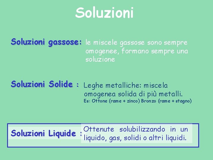 Soluzioni gassose: le miscele gassose sono sempre omogenee, formano sempre una soluzione Soluzioni Solide