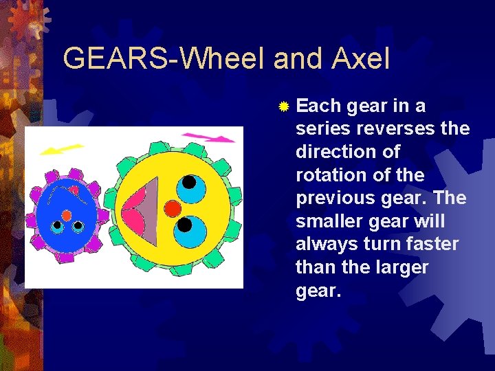 GEARS-Wheel and Axel ® Each gear in a series reverses the direction of rotation GEARS-Wheel and Axel ® Each gear in a series reverses the direction of rotation