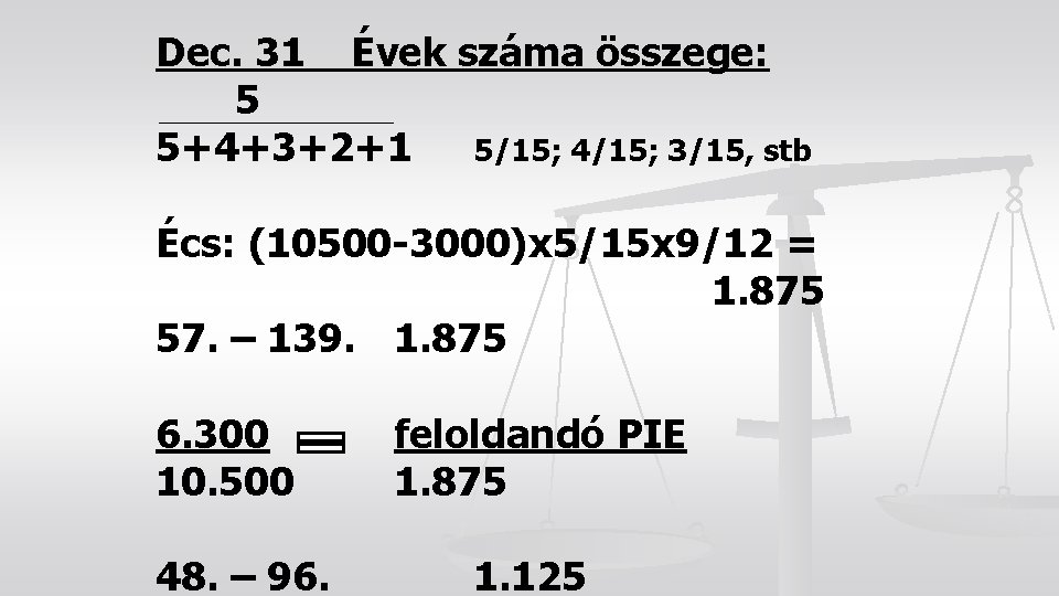 Dec. 31 Évek száma összege: 5 5+4+3+2+1 5/15; 4/15; 3/15, stb Écs: (10500 -3000)x