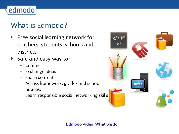 What is Edmodo? Free social learning network for teachers, students, schools and districts Safe