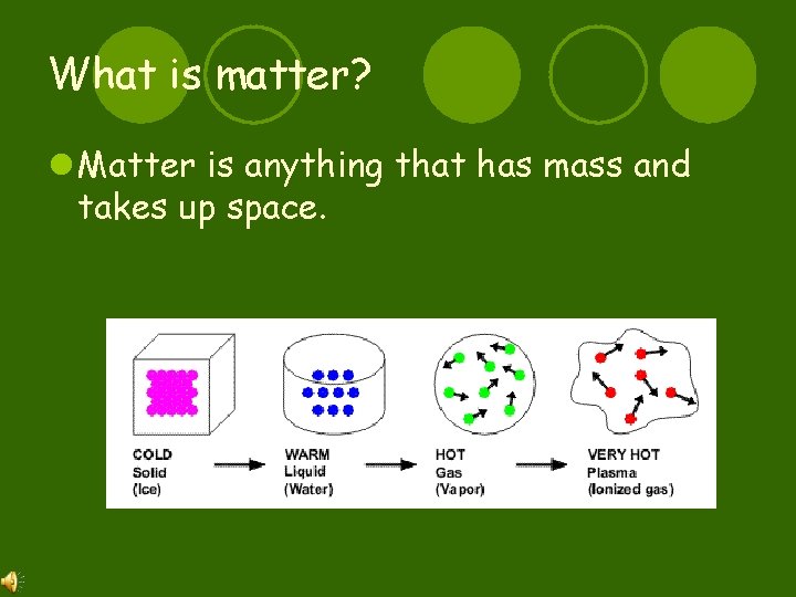 What is matter? l Matter is anything that has mass and takes up space.