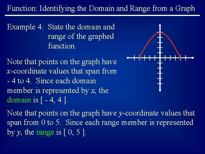 Function: Identifying the Domain and Range from a Graph Example 4: State the domain Function: Identifying the Domain and Range from a Graph Example 4: State the domain