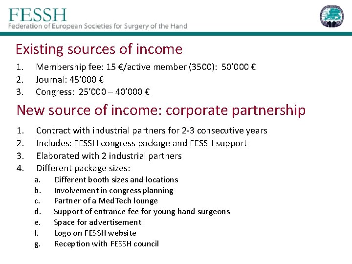 Existing sources of income 1. 2. 3. Membership fee: 15 €/active member (3500): 50’