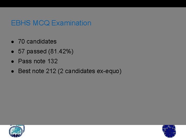 EBHS MCQ Examination 70 candidates 57 passed (81. 42%) Pass note 132 Best note