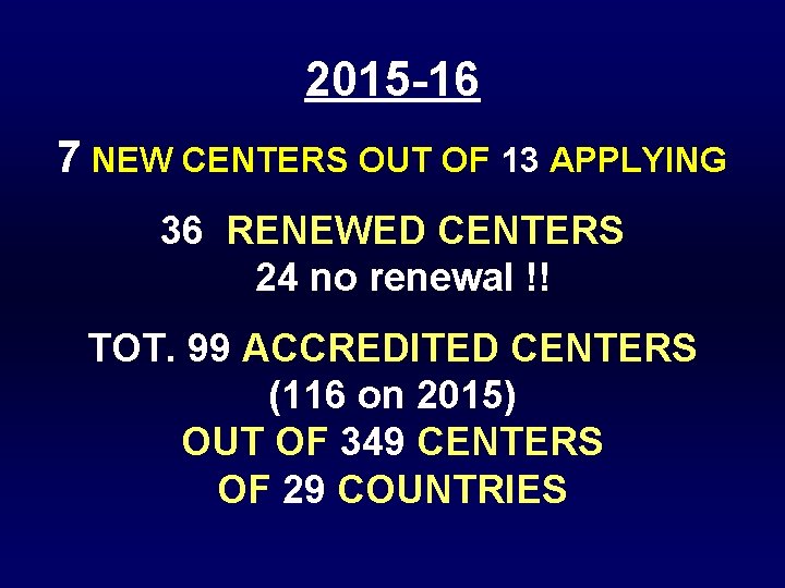 2015 -16 7 NEW CENTERS OUT OF 13 APPLYING 36 RENEWED CENTERS 24 no