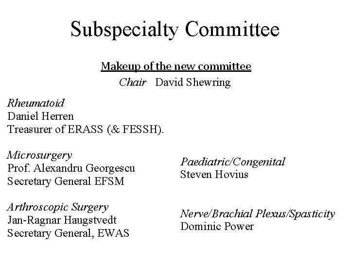 Subspecialty Committee Makeup of the new committee Chair David Shewring Rheumatoid Daniel Herren Treasurer