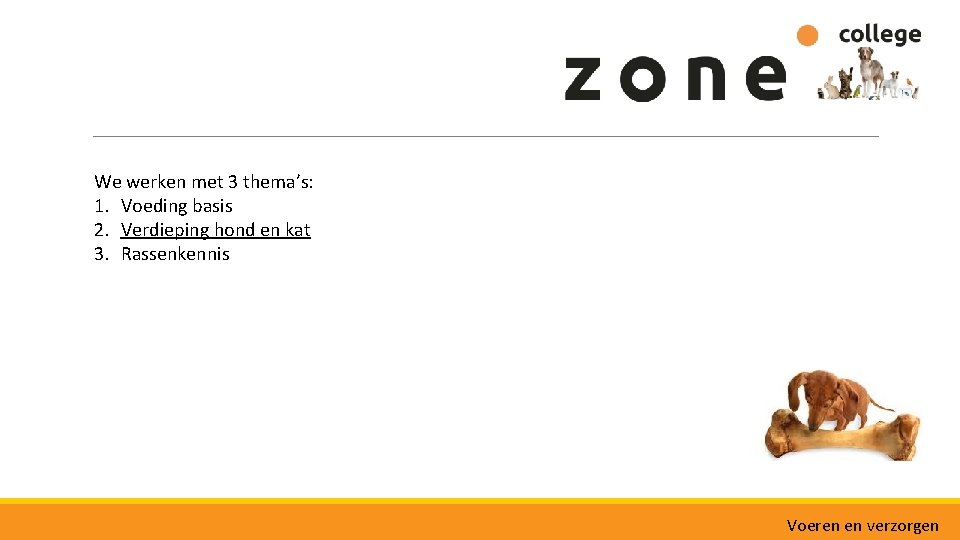 We werken met 3 thema’s: 1. Voeding basis 2. Verdieping hond en kat 3.