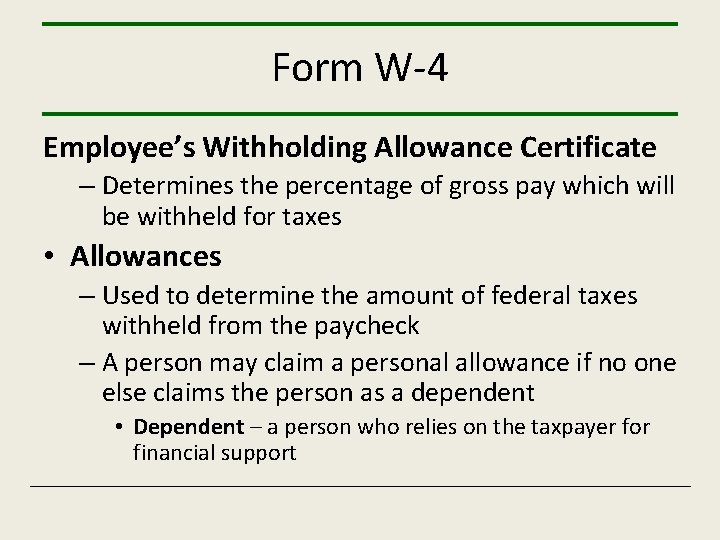 Form W-4 Employee’s Withholding Allowance Certificate – Determines the percentage of gross pay which