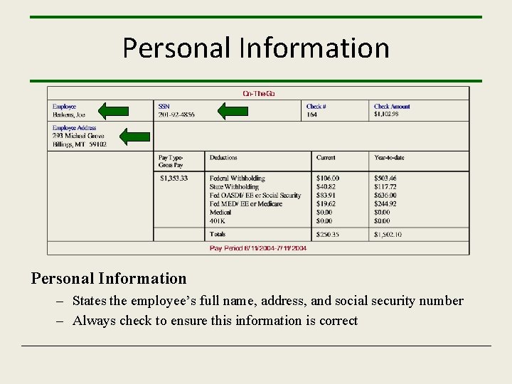 Personal Information – States the employee’s full name, address, and social security number –