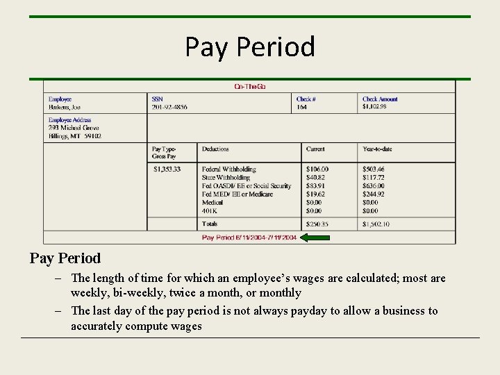 Pay Period – The length of time for which an employee’s wages are calculated;