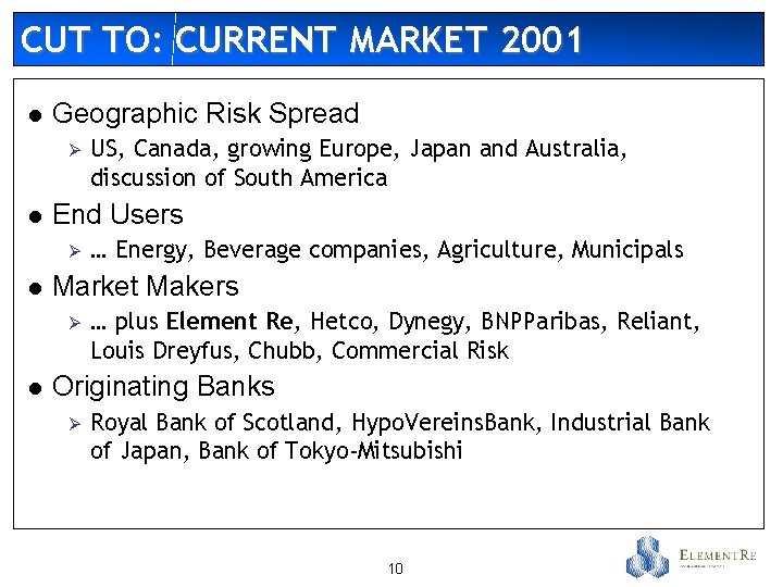 CUT TO: CURRENT MARKET 2001 l Geographic Risk Spread Ø l End Users Ø