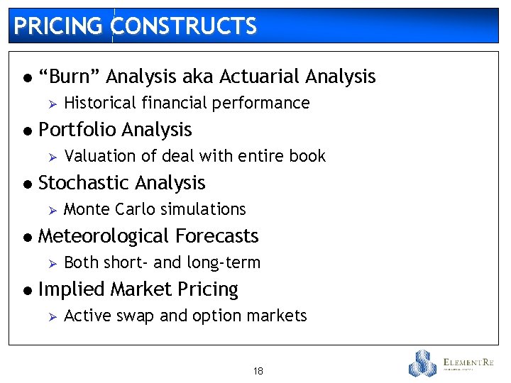 PRICING CONSTRUCTS l “Burn” Analysis aka Actuarial Analysis Ø l Portfolio Analysis Ø l