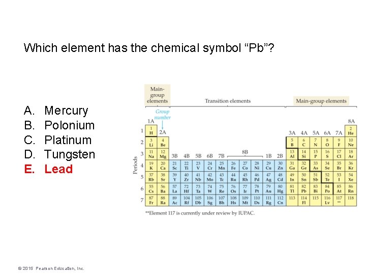 Which element has the chemical symbol “Pb”? A. B. C. D. E. Mercury Polonium