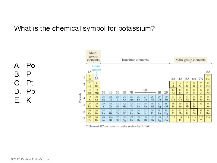What is the chemical symbol for potassium? A. B. C. D. E. Po P