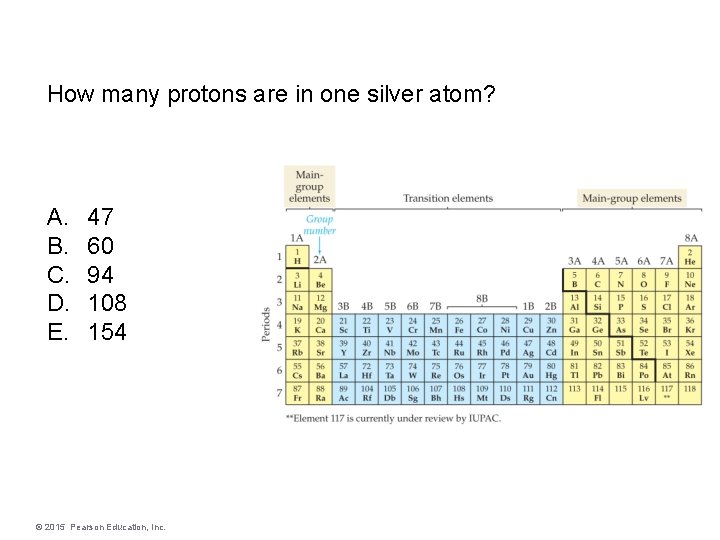 How many protons are in one silver atom? A. B. C. D. E. 47