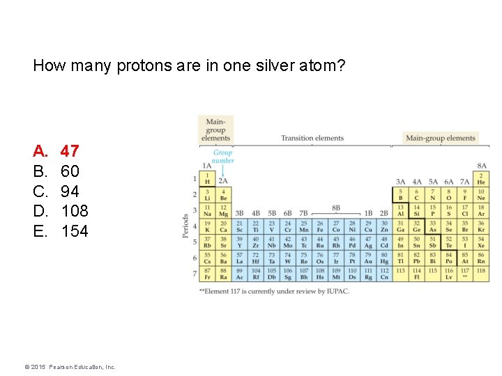 How many protons are in one silver atom? A. B. C. D. E. 47