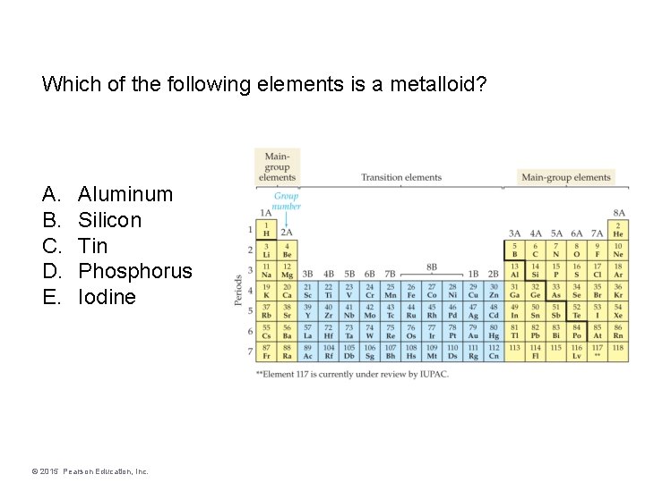 Which of the following elements is a metalloid? A. B. C. D. E. Aluminum