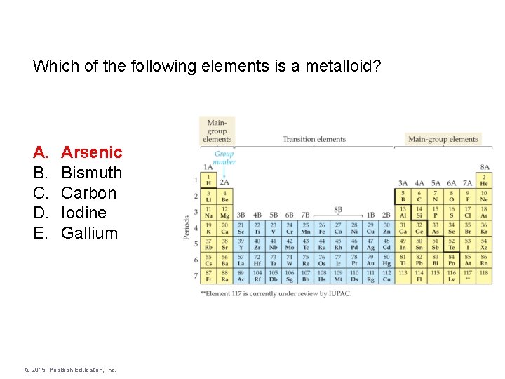 Which of the following elements is a metalloid? A. B. C. D. E. Arsenic