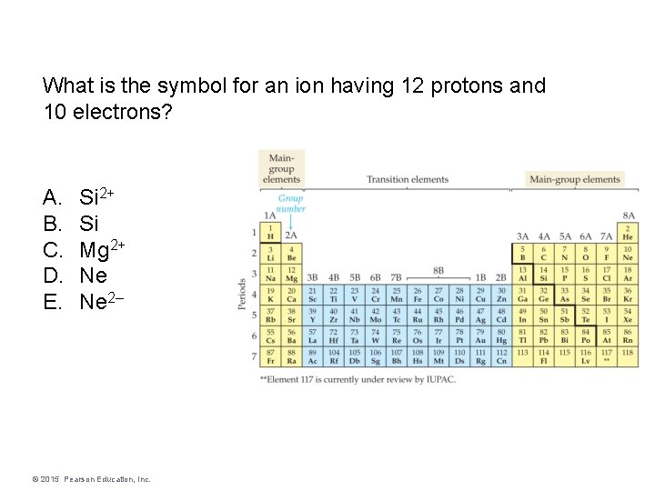 What is the symbol for an ion having 12 protons and 10 electrons? A.