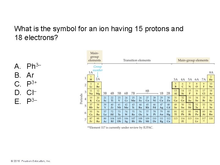 What is the symbol for an ion having 15 protons and 18 electrons? A.