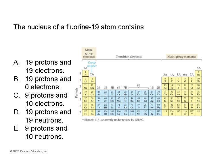 The nucleus of a fluorine-19 atom contains A. 19 protons and 19 electrons. B.