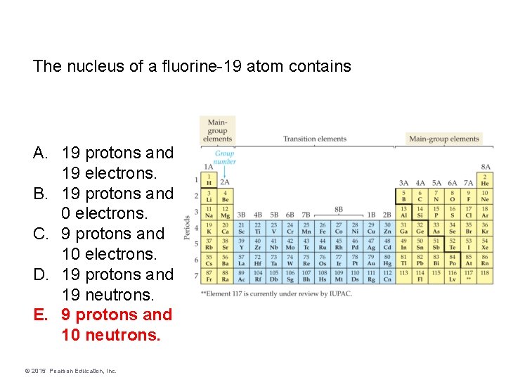 The nucleus of a fluorine-19 atom contains A. 19 protons and 19 electrons. B.