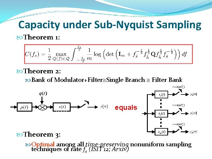 Capacity under Sub-Nyquist Sampling Theorem 1: Theorem 2: Bank of Modulator+Filter Single Branch Filter Capacity under Sub-Nyquist Sampling Theorem 1: Theorem 2: Bank of Modulator+Filter Single Branch Filter