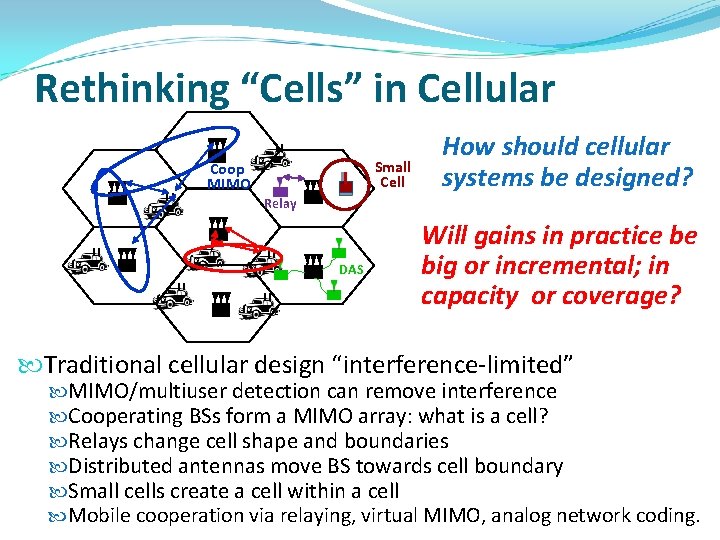 Rethinking “Cells” in Cellular Small Cell Coop MIMO How should cellular systems be designed? Rethinking “Cells” in Cellular Small Cell Coop MIMO How should cellular systems be designed?